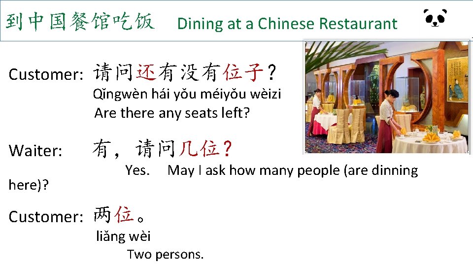 到中国餐馆吃饭 Dining at a Chinese Restaurant Customer: 请问还有没有位子？ Waiter: 有，请问几位？ here)? Customer: Qǐngwèn hái