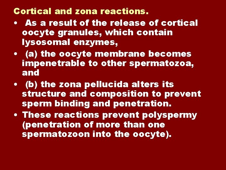 Cortical and zona reactions. • As a result of the release of cortical oocyte