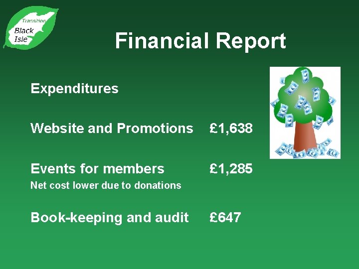 Financial Report Expenditures Website and Promotions £ 1, 638 Events for members £ 1,