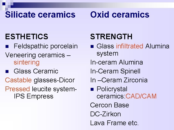 Silicate ceramics Oxid ceramics ESTHETICS STRENGTH Feldspathic porcelain Veneering ceramics – sintering n Glass