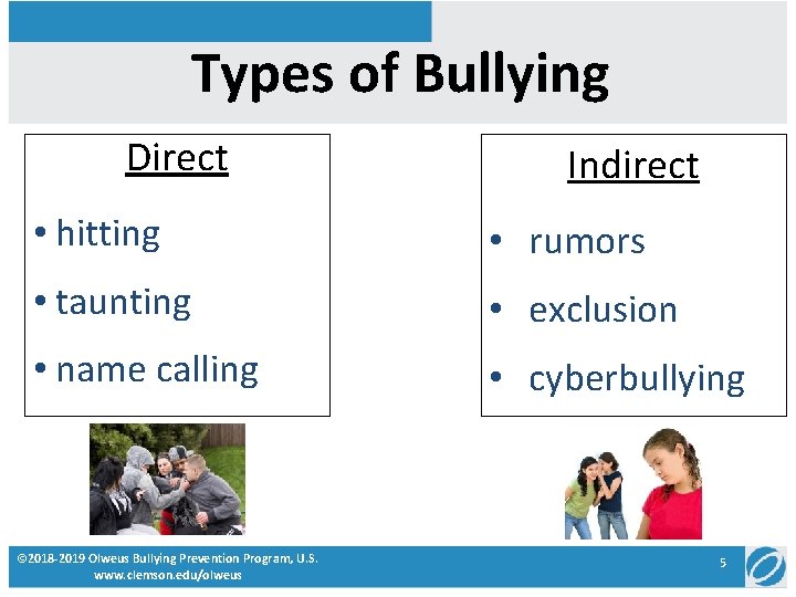 Types of Bullying Direct Indirect • hitting • rumors • taunting • exclusion •