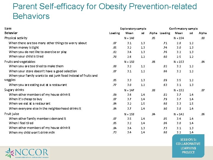 Parent Self-efficacy for Obesity Prevention-related Behaviors Parent Self-efficacy for obesity prevention related Exploratory sample