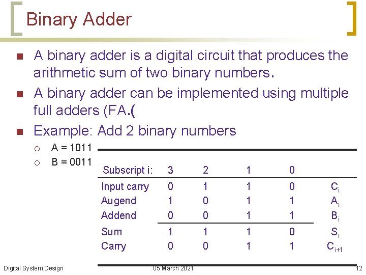 Binary Adder n n n A binary adder is a digital circuit that produces