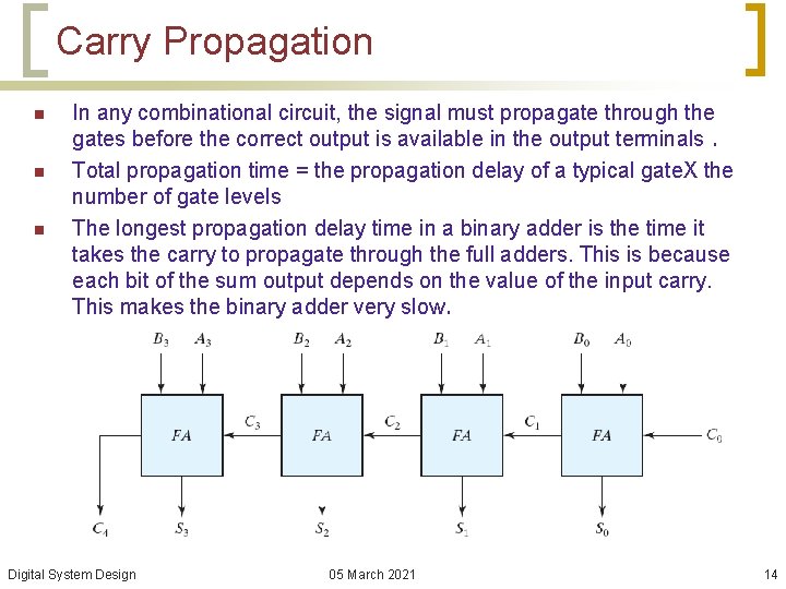 Carry Propagation n In any combinational circuit, the signal must propagate through the gates