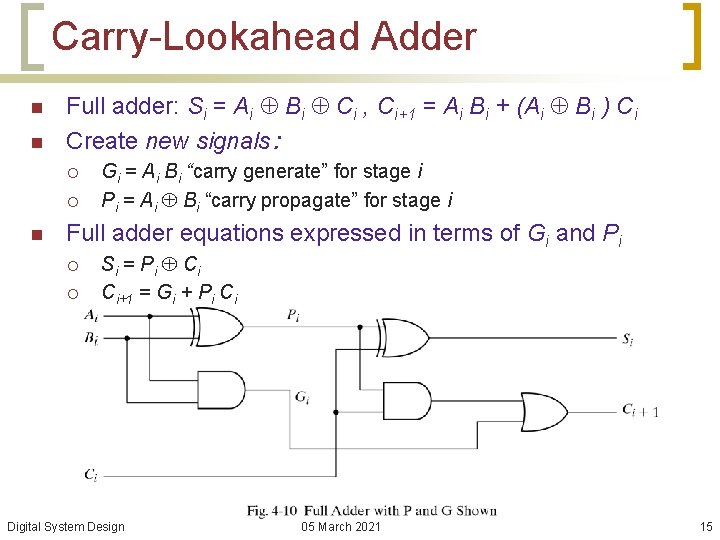 Carry-Lookahead Adder n n Full adder: Si = Ai Bi Ci , Ci+1 =