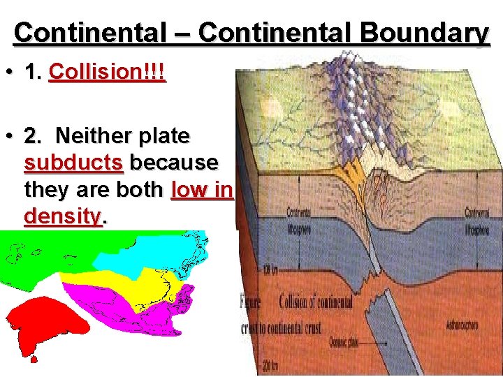 Continental – Continental Boundary • 1. Collision!!! • 2. Neither plate subducts because they