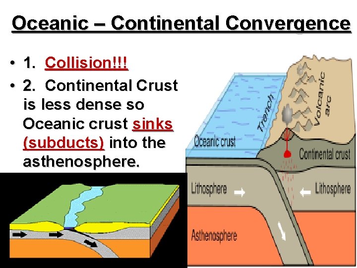 Oceanic – Continental Convergence • 1. Collision!!! • 2. Continental Crust is less dense