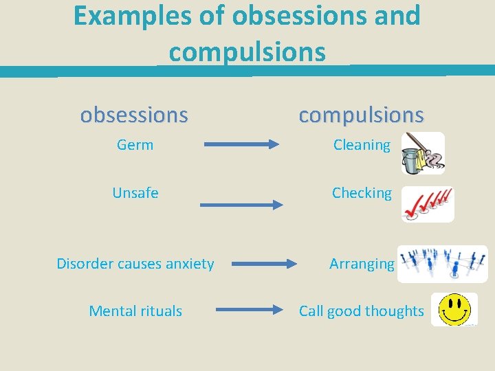 Examples of obsessions and compulsions obsessions compulsions Germ Unsafe Cleaning Checking Disorder causes anxiety