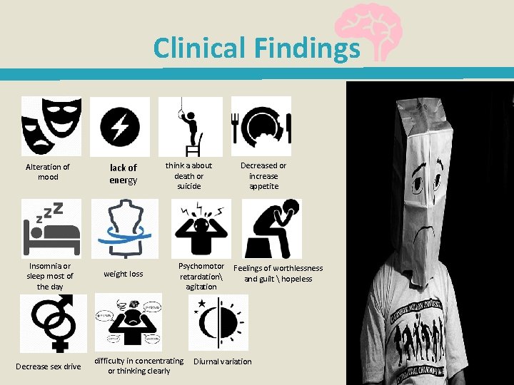 Clinical Findings Alteration of mood lack of energy Insomnia or sleep most of the