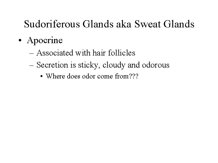 Sudoriferous Glands aka Sweat Glands • Apocrine – Associated with hair follicles – Secretion