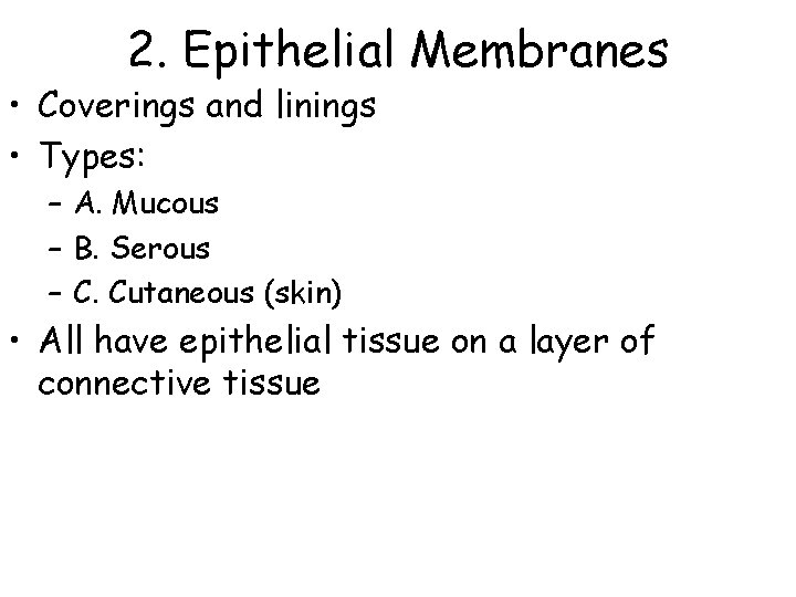 2. Epithelial Membranes • Coverings and linings • Types: – A. Mucous – B.