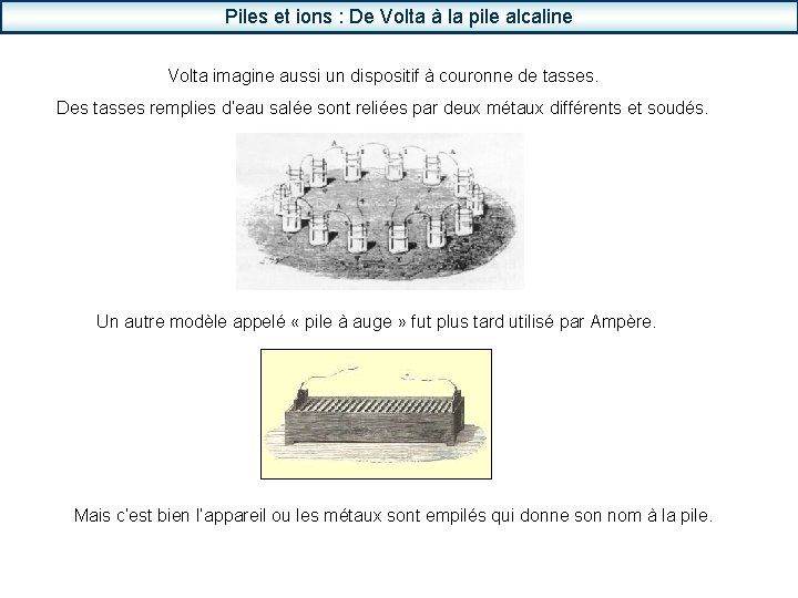 Piles et ions : De Volta à la pile alcaline Volta imagine aussi un