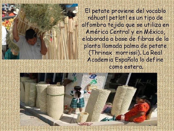 El petate proviene del vocablo náhuatl petlatl es un tipo de alfombra tejida que