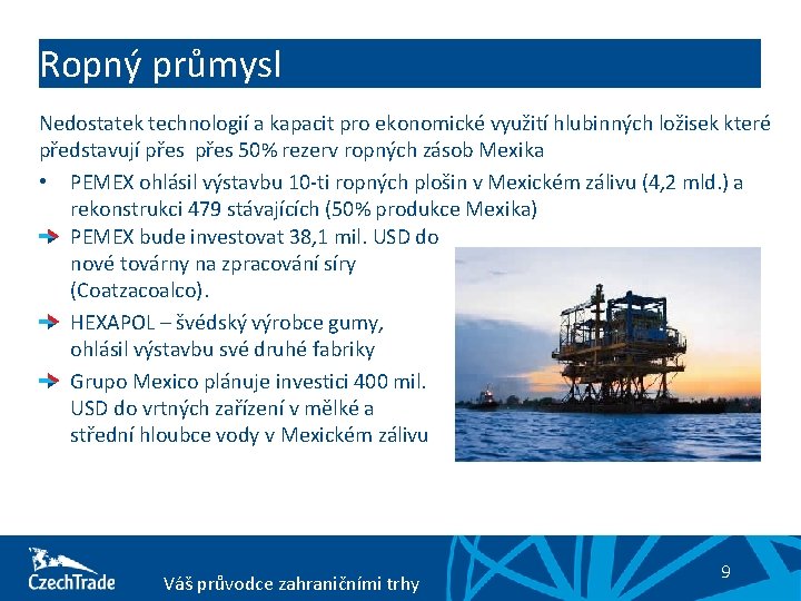 Ropný průmysl Nedostatek technologií a kapacit pro ekonomické využití hlubinných ložisek které představují přes