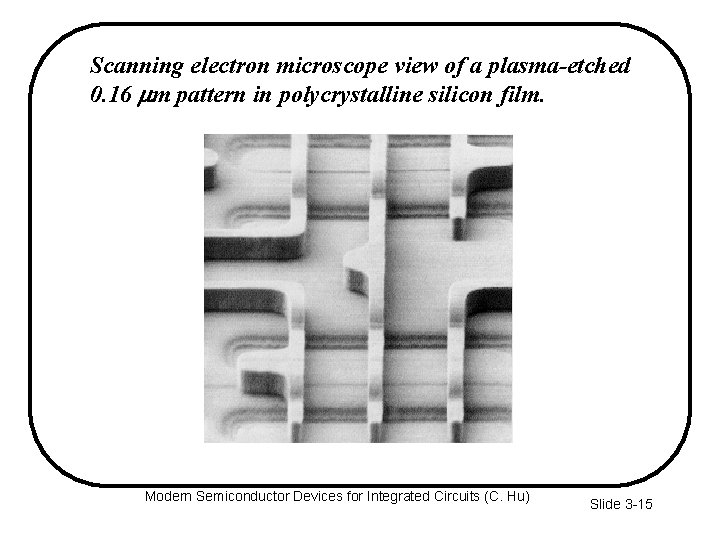 Scanning electron microscope view of a plasma-etched 0. 16 mm pattern in polycrystalline silicon