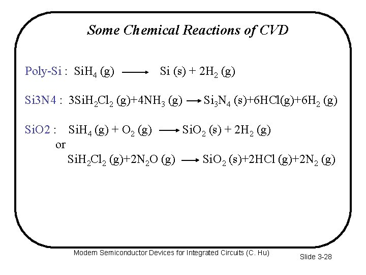 Some Chemical Reactions of CVD Poly-Si : Si. H 4 (g) Si (s) +