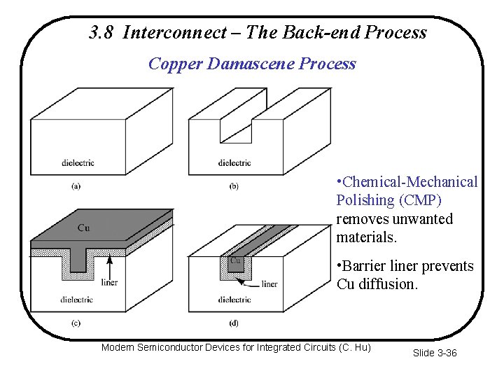 3. 8 Interconnect – The Back-end Process Copper Damascene Process • Chemical-Mechanical Polishing (CMP)