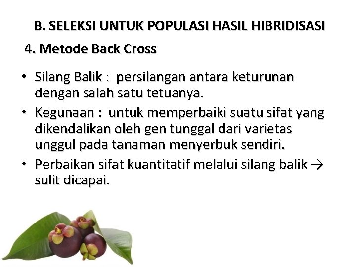 B. SELEKSI UNTUK POPULASI HASIL HIBRIDISASI 4. Metode Back Cross • Silang Balik :