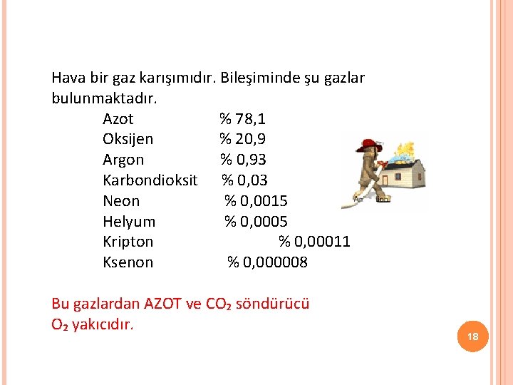 Hava bir gaz karışımıdır. Bileşiminde şu gazlar bulunmaktadır. Azot % 78, 1 Oksijen %