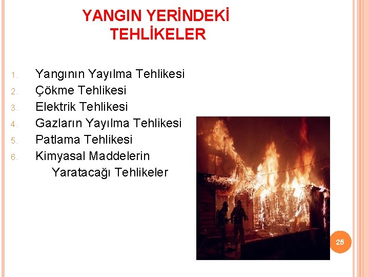 YANGIN YERİNDEKİ TEHLİKELER Yangının Yayılma Tehlikesi 2. Çökme Tehlikesi 3. Elektrik Tehlikesi 4. Gazların