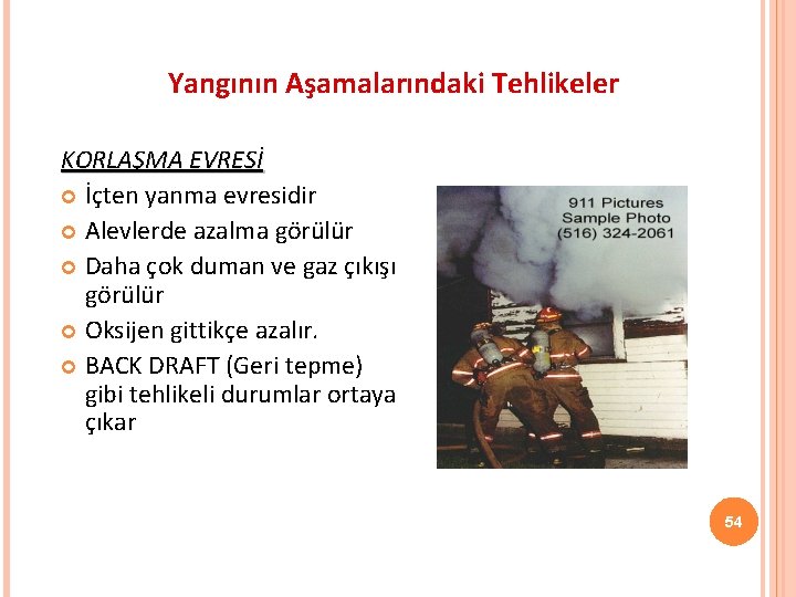 Yangının Aşamalarındaki Tehlikeler KORLAŞMA EVRESİ İçten yanma evresidir Alevlerde azalma görülür Daha çok duman