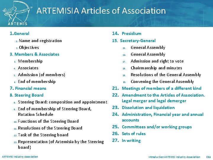 ARTEMISIA Articles of Association 1. General 14. Presidium Name and registration 2. Objectives 3.
