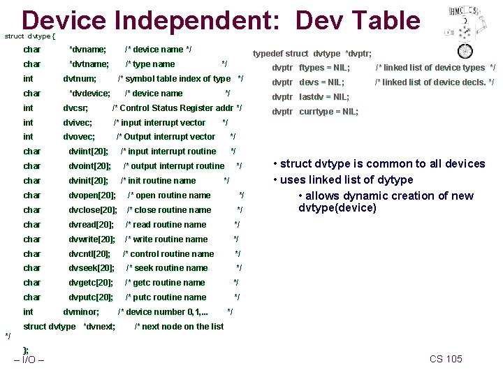 Device Independent: Dev Table struct dvtype { char *dvname; /* device name */ char