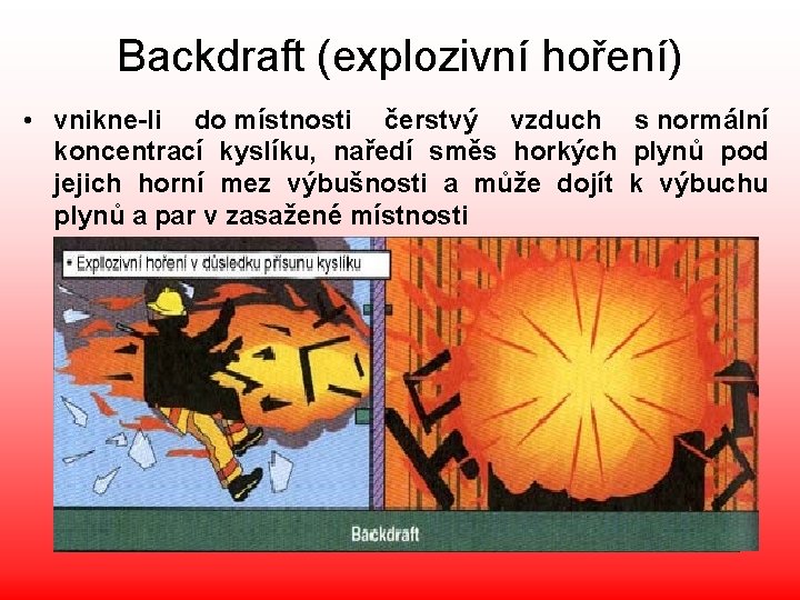Backdraft (explozivní hoření) • vnikne-li do místnosti čerstvý vzduch s normální koncentrací kyslíku, naředí