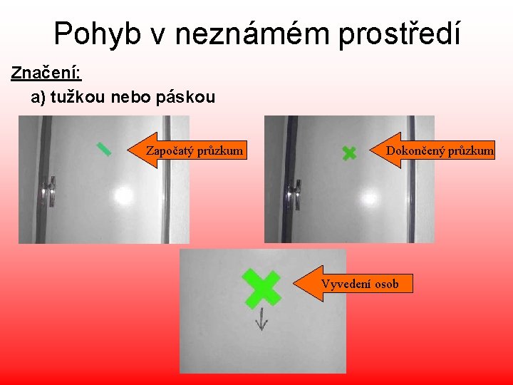 Pohyb v neznámém prostředí Značení: a) tužkou nebo páskou Započatý průzkum Dokončený průzkum Vyvedení