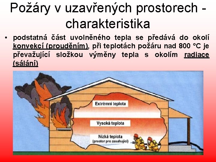 Požáry v uzavřených prostorech - charakteristika • podstatná část uvolněného tepla se předává do