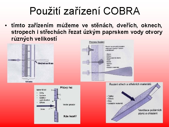 Použití zařízení COBRA • tímto zařízením můžeme ve stěnách, dveřích, oknech, stropech i střechách