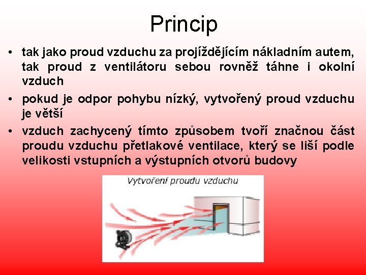 Princip • tak jako proud vzduchu za projíždějícím nákladním autem, tak proud z ventilátoru