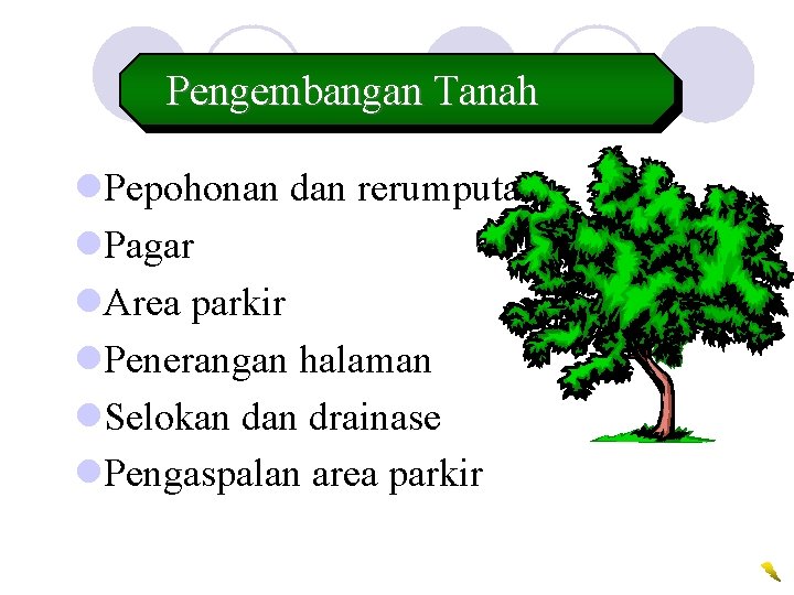 Pengembangan Tanah l. Pepohonan dan rerumputan l. Pagar l. Area parkir l. Penerangan halaman