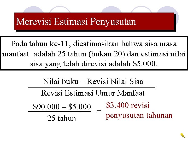 Merevisi Estimasi Penyusutan Pada tahun ke-11, diestimasikan bahwa sisa manfaat adalah 25 tahun (bukan