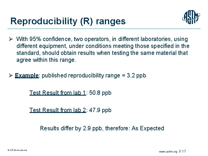 Reproducibility (R) ranges Ø With 95% confidence, two operators, in different laboratories, using different