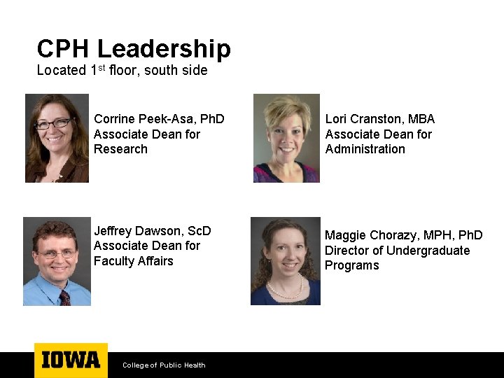 CPH Leadership Located 1 st floor, south side Corrine Peek-Asa, Ph. D Associate Dean