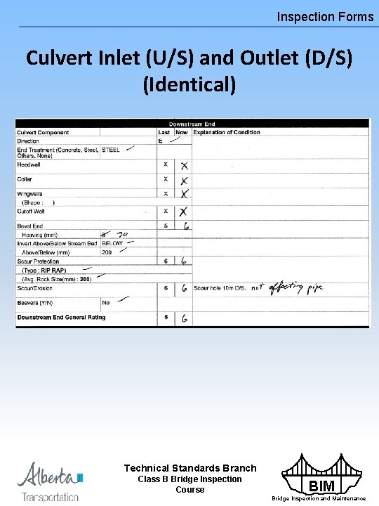 Inspection Forms Culvert Inlet (U/S) and Outlet (D/S) (Identical) Technical Standards Branch Class B