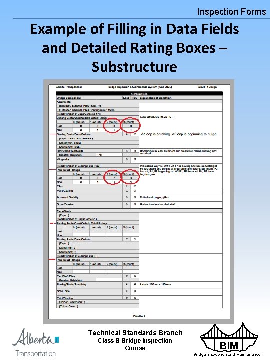 Inspection Forms Example of Filling in Data Fields and Detailed Rating Boxes – Substructure
