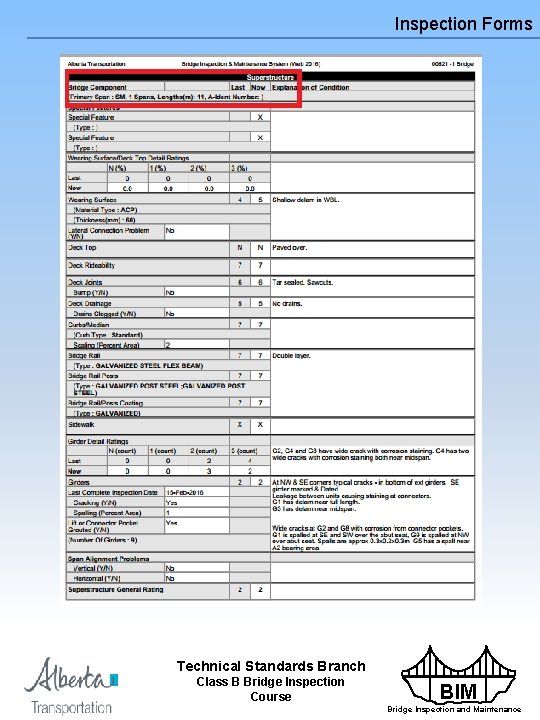 Inspection Forms Technical Standards Branch Class B Bridge Inspection Course BIM Bridge Inspection and