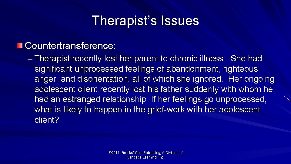 Therapist’s Issues Countertransference: – Therapist recently lost her parent to chronic illness. She had