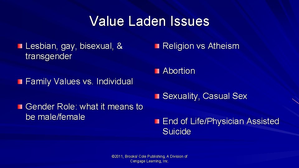 Value Laden Issues Lesbian, gay, bisexual, & transgender Religion vs Atheism Abortion Family Values