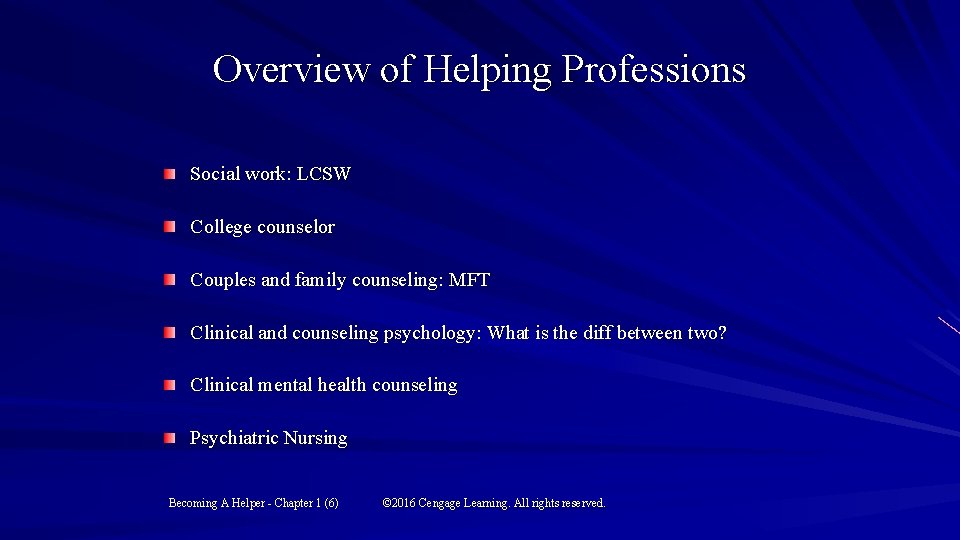 Overview of Helping Professions Social work: LCSW College counselor Couples and family counseling: MFT