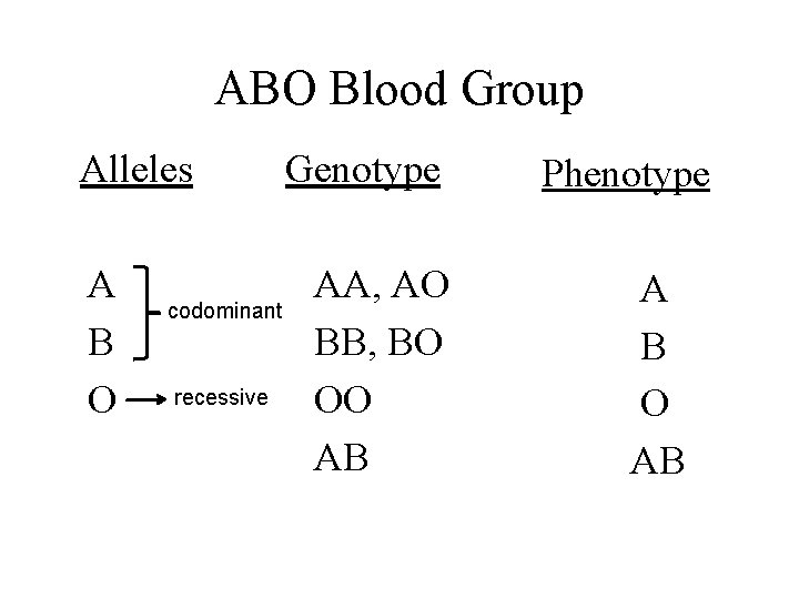 ABO Blood Group Alleles A B O codominant recessive Genotype AA, AO BB, BO