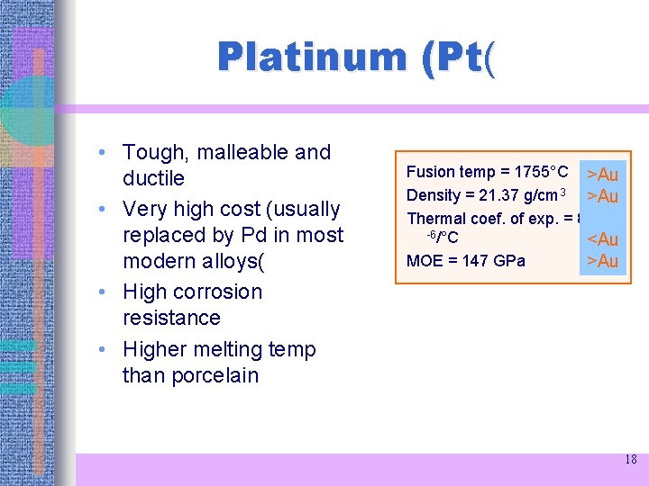 Platinum (Pt( • Tough, malleable and ductile • Very high cost (usually replaced by