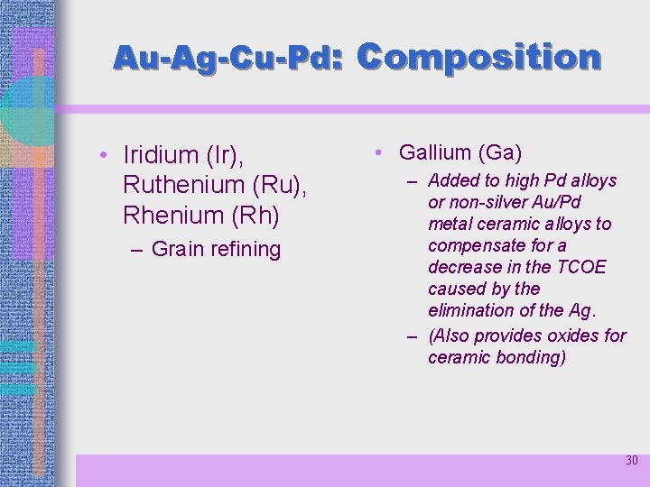 Au-Ag-Cu-Pd: Composition • Iridium (Ir), Ruthenium (Ru), Rhenium (Rh) – Grain refining • Gallium