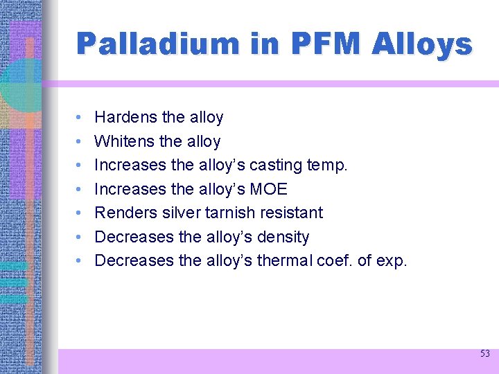 Palladium in PFM Alloys • • Hardens the alloy Whitens the alloy Increases the