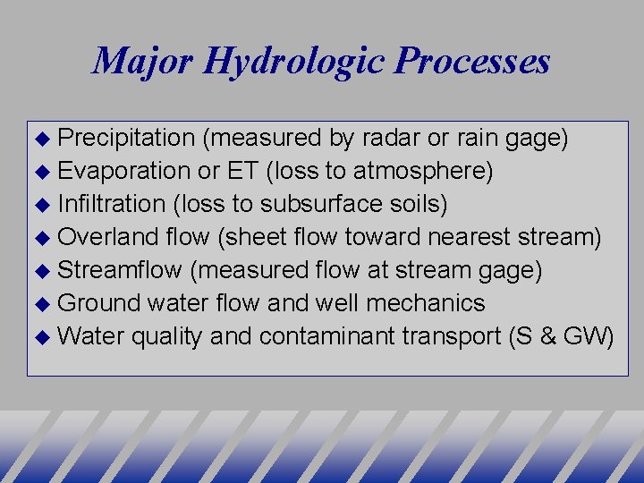 Major Hydrologic Processes Precipitation (measured by radar or rain gage) Evaporation or ET (loss