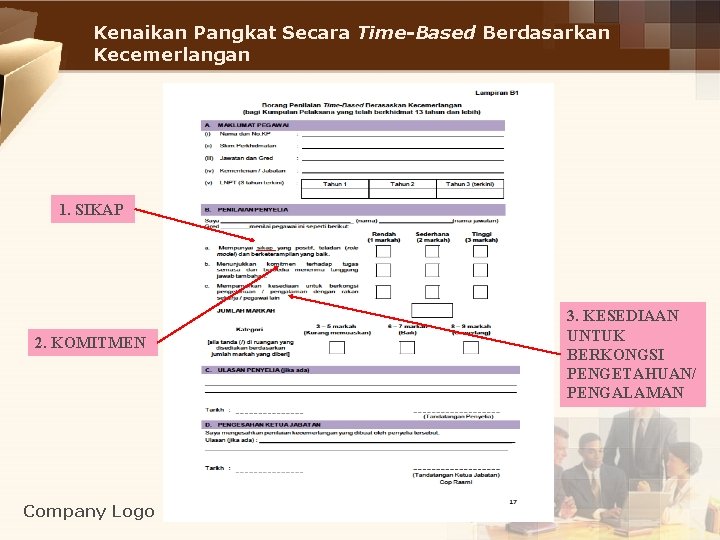 Kenaikan Pangkat Secara Time-Based Berdasarkan Kecemerlangan 1. SIKAP 2. KOMITMEN Company Logo 3. KESEDIAAN