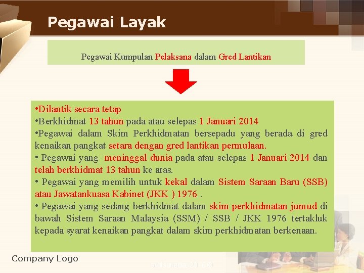 Pegawai Layak Pegawai Kumpulan Pelaksana dalam Gred Lantikan • Dilantik secara tetap • Berkhidmat