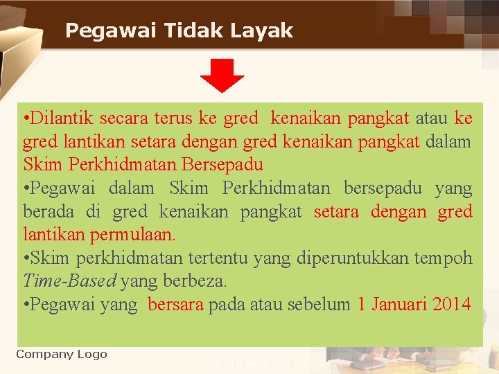 Pegawai Tidak Layak • Dilantik secara terus ke gred kenaikan pangkat atau ke gred